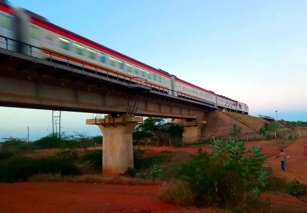 Ein Madaraka-Express-Zug auf einem Viadukt